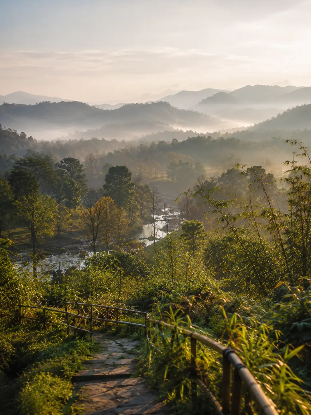 Climasoul Northeast India — misty river valley with bamboo railing at dawn