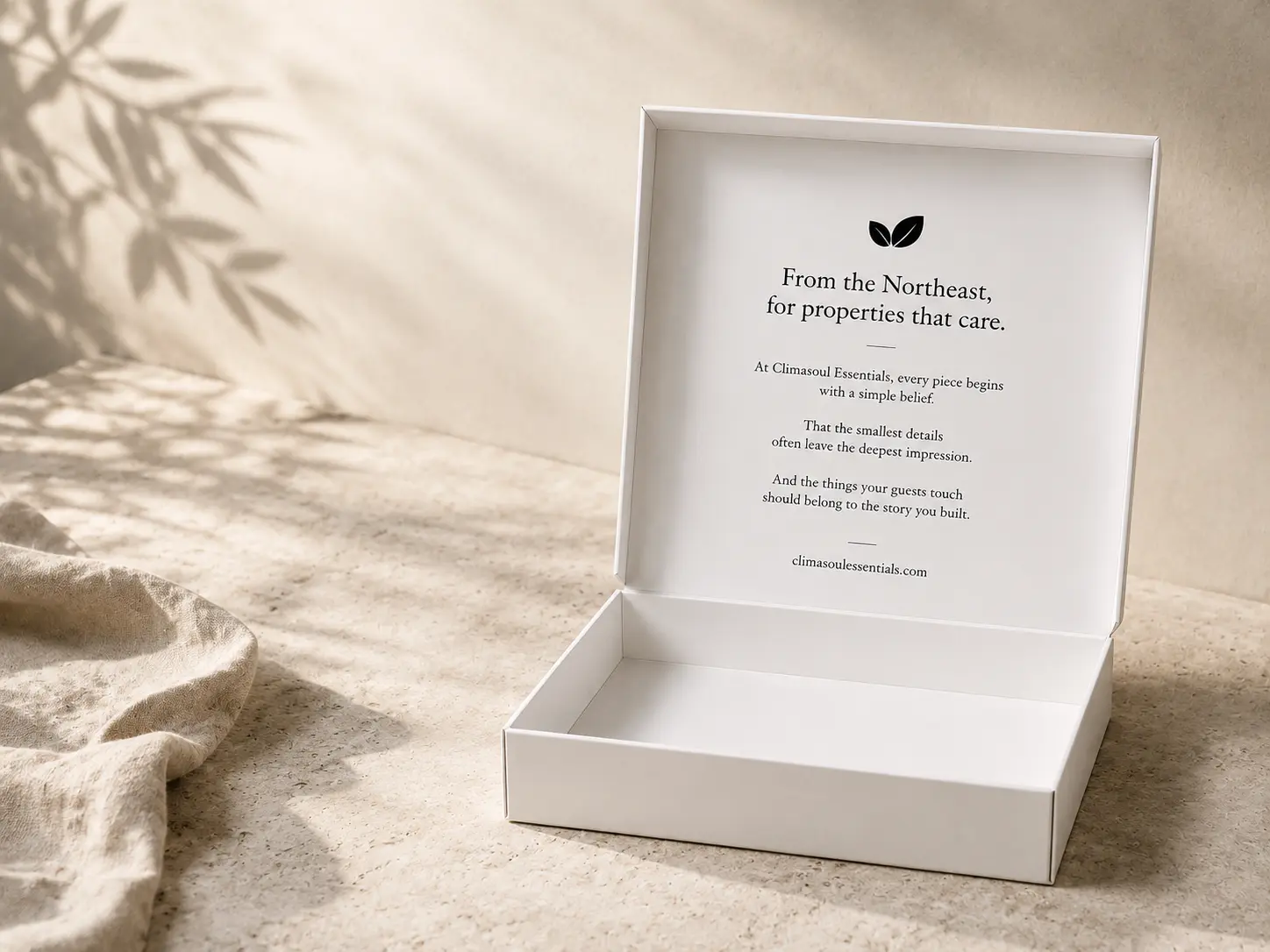 Climasoul Essentials sample box — kraft amenities arriving in a minimal white box with a brand manifesto on the inside flap