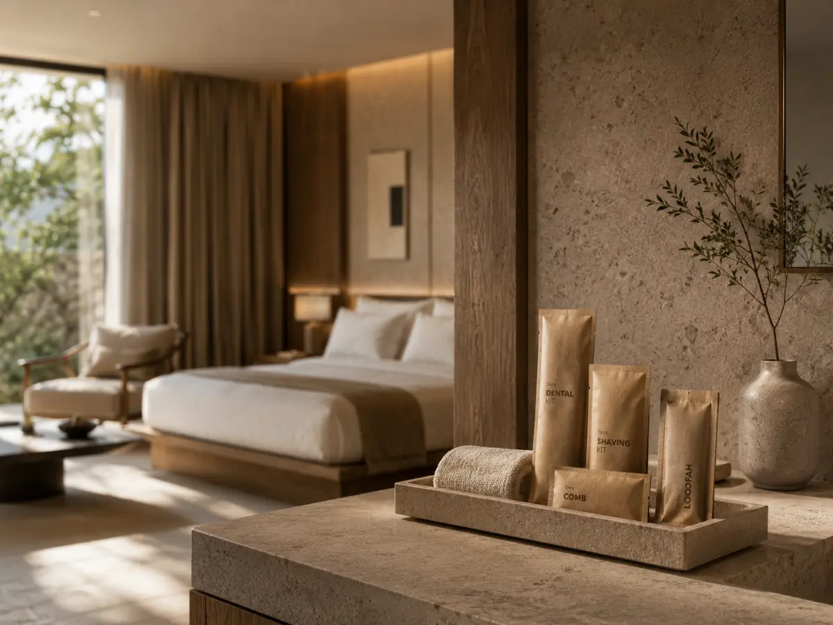 Climasoul Terra Collection — plastic-free hotel amenities styled in a boutique suite